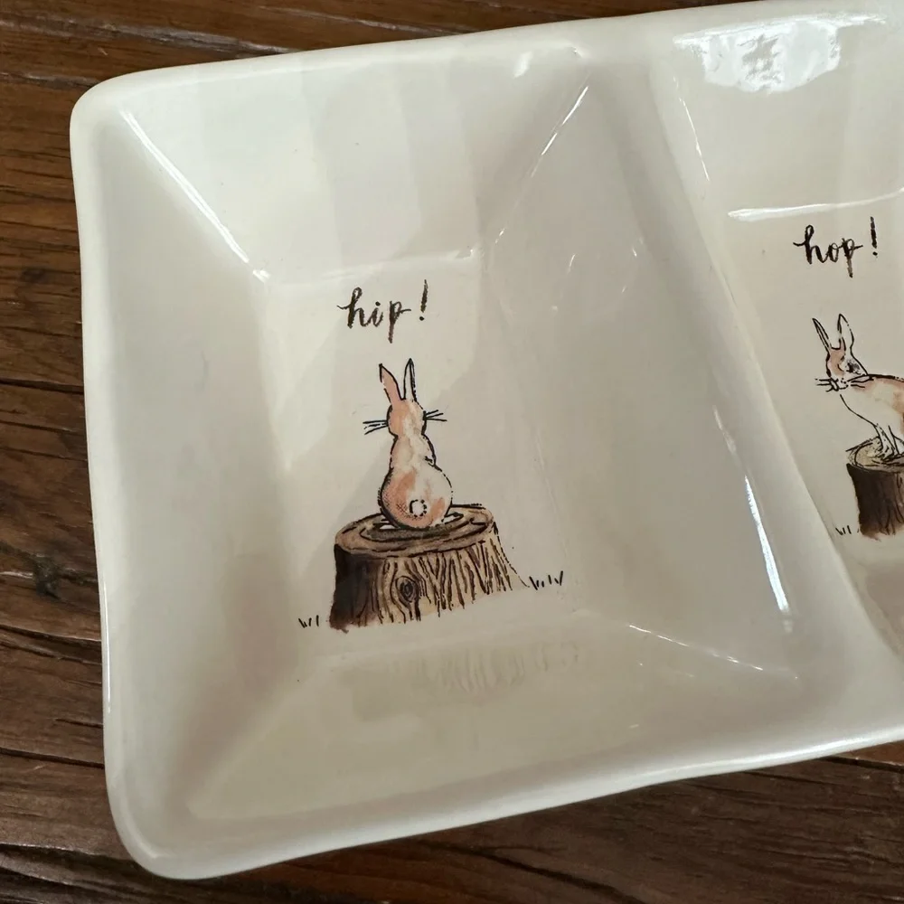 Rae Dunn Hip! Hop! Bunny Graphic 2 Section Trinket Tray
